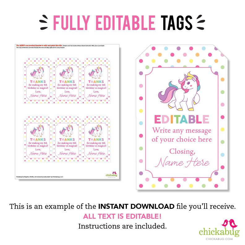 Unicorn Party Favor Tags (EDITABLE INSTANT DOWNLOAD)