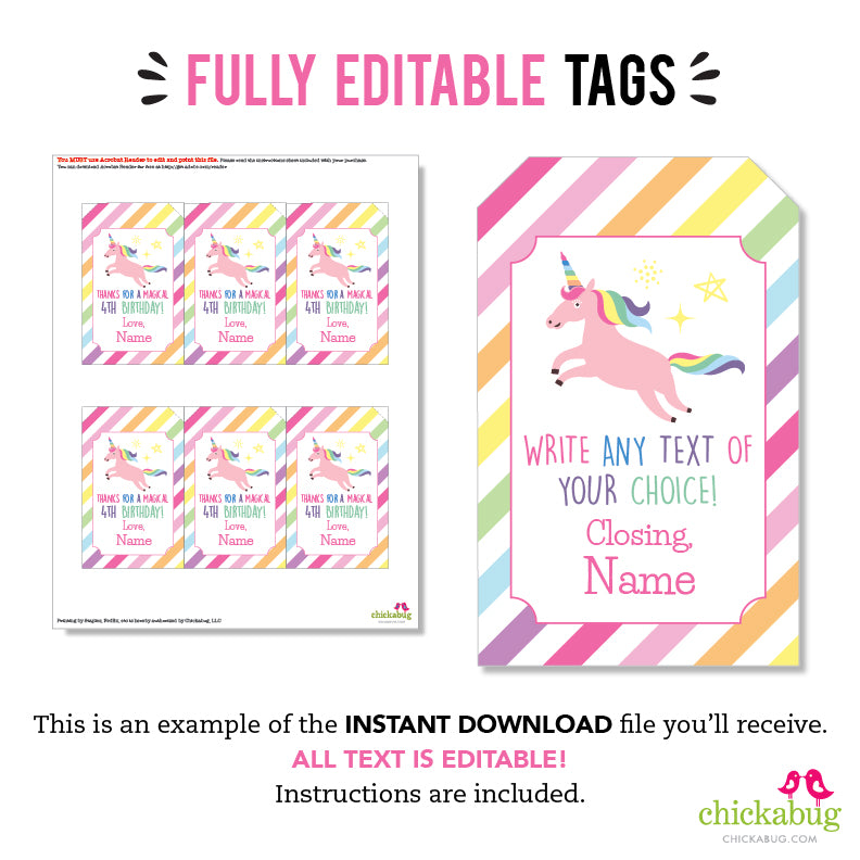 Unicorn Party Favor Tags (EDITABLE INSTANT DOWNLOAD) – Chickabug