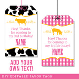 Pink Farm Party Favor Tags (EDITABLE INSTANT DOWNLOAD)