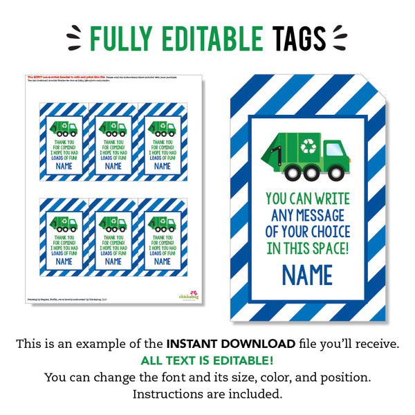 Blue Garbage Truck Party Favor Tags (EDITABLE INSTANT DOWNLOAD)