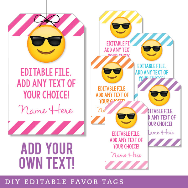 Sunglasses Emoji Favor Tags, Pink Variety (EDITABLE INSTANT DOWNLOAD)