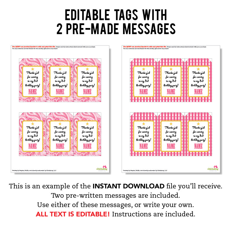 Pink Country Western Party Favor Tags (EDITABLE INSTANT DOWNLOAD)