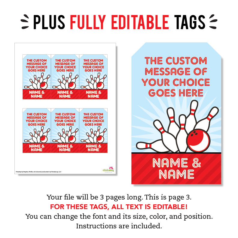 Bowling Party Favor Tags for Twins (EDITABLE INSTANT DOWNLOAD)