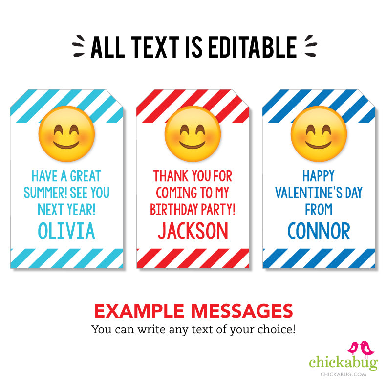 Smile Emoji Favor Tags (EDITABLE INSTANT DOWNLOAD) – Chickabug Smile Emoji Favor Tags (EDITABLE INSTANT DOWNLOAD) – Chickabug