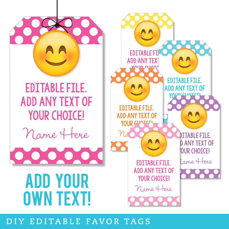 Smile Emoji Favor Tags, Pink Variety (EDITABLE INSTANT DOWNLOAD)