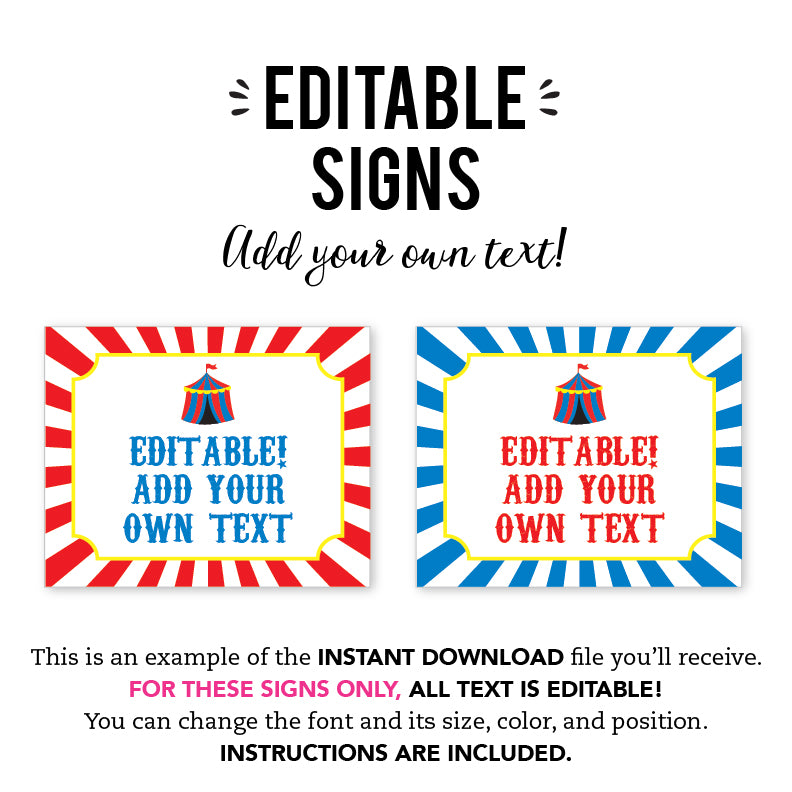 Carnival Party Signs (EDITABLE INSTANT DOWNLOAD)