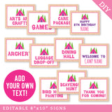 Pink Camping Party Signs (EDITABLE INSTANT DOWNLOAD)
