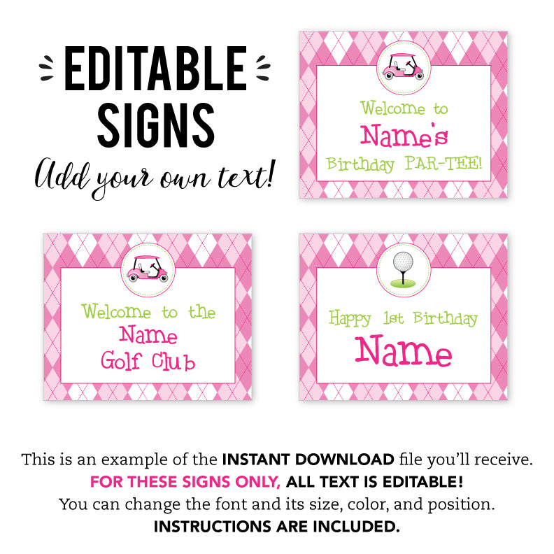 Pink Golf Party Signs (EDITABLE INSTANT DOWNLOAD)