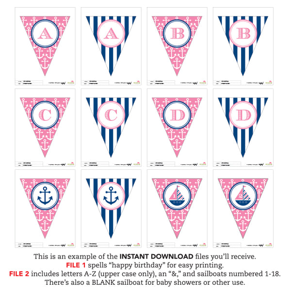 Pink Nautical Party Banner (INSTANT DOWNLOAD)