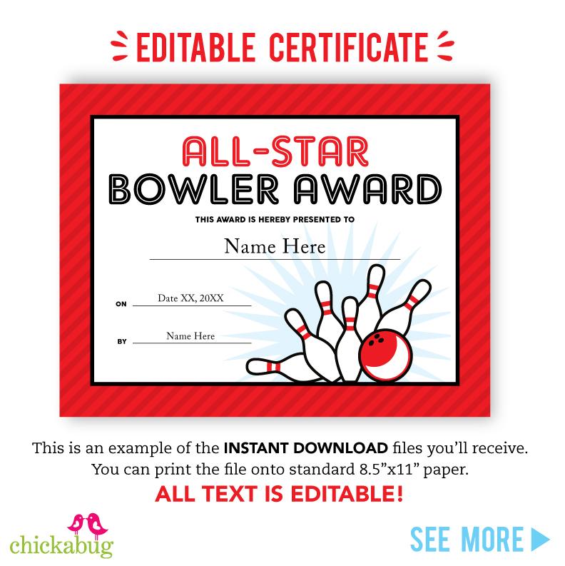 Bowling Party Certificates (EDITABLE INSTANT DOWNLOAD)