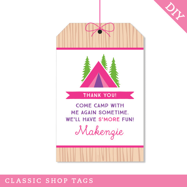 Pink Camping Party Favor Tags (EDITABLE INSTANT DOWNLOAD)