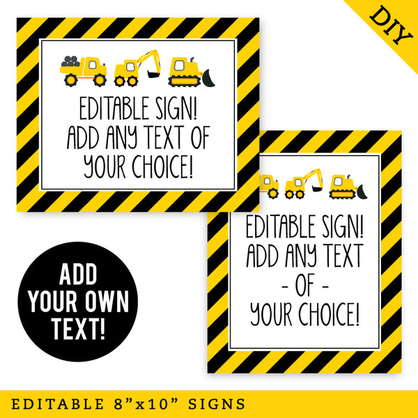 Construction Party Signs (EDITABLE INSTANT DOWNLOAD)
