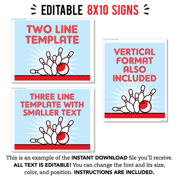 Bowling Party Signs (EDITABLE INSTANT DOWNLOAD)