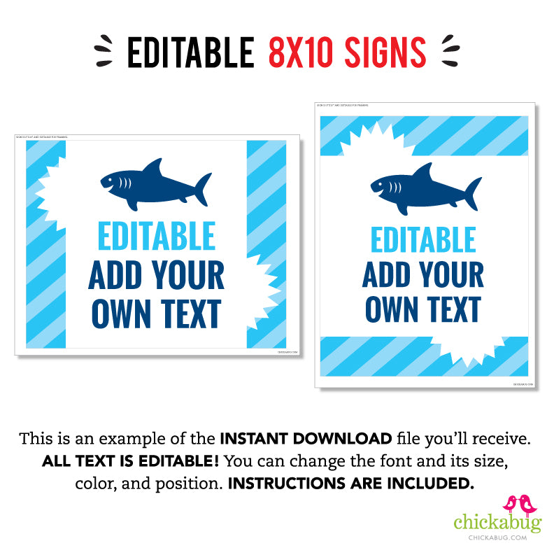 Shark Party Signs (EDITABLE INSTANT DOWNLOAD)
