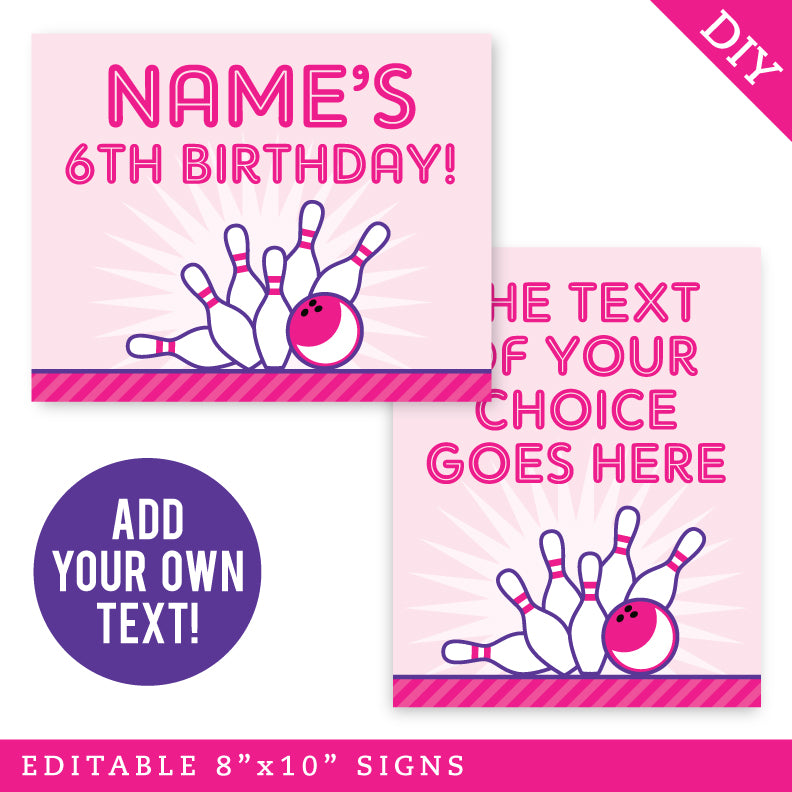 Pink Bowling Party Signs (EDITABLE INSTANT DOWNLOAD)