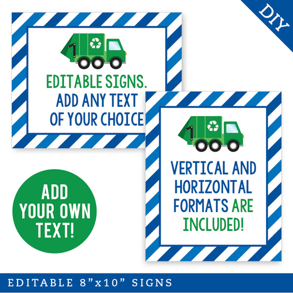 Blue Garbage Truck Party Signs (EDITABLE INSTANT DOWNLOAD)