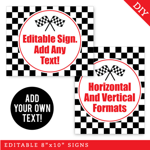 Checkered Flag Race Car Party Signs (EDITABLE INSTANT DOWNLOAD)
