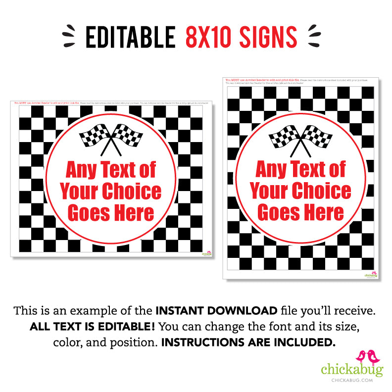 Checkered Flag Race Car Party Signs (EDITABLE INSTANT DOWNLOAD)