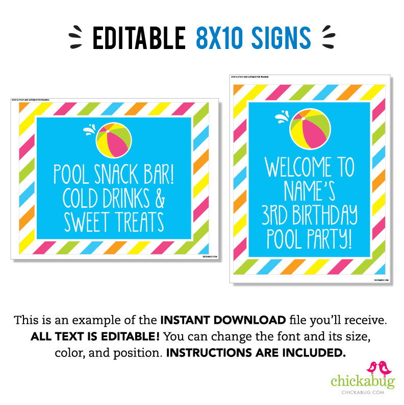 Pink Pool Party Signs (EDITABLE INSTANT DOWNLOAD) – Chickabug