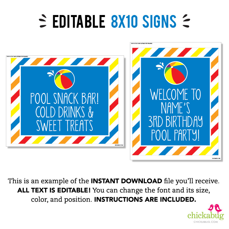 Pool Party Signs (EDITABLE INSTANT DOWNLOAD) – Chickabug