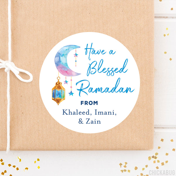 Blue Moon and Gold Lantern Blessed Ramadan Labels