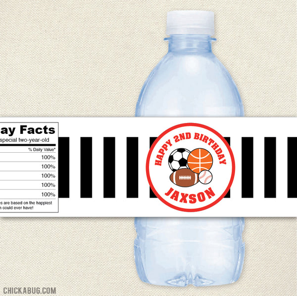 Red Sports Birthday Water Bottle Labels