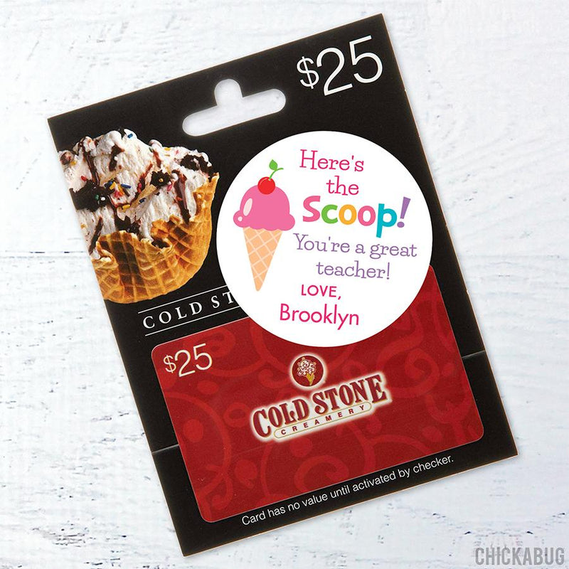 Pink "Here's the Scoop" Teacher Appreciation Stickers