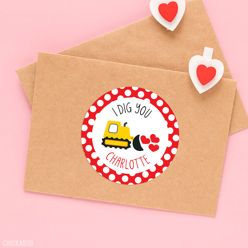 "I Dig You"  Construction Vehicles Valentine's Day Stickers