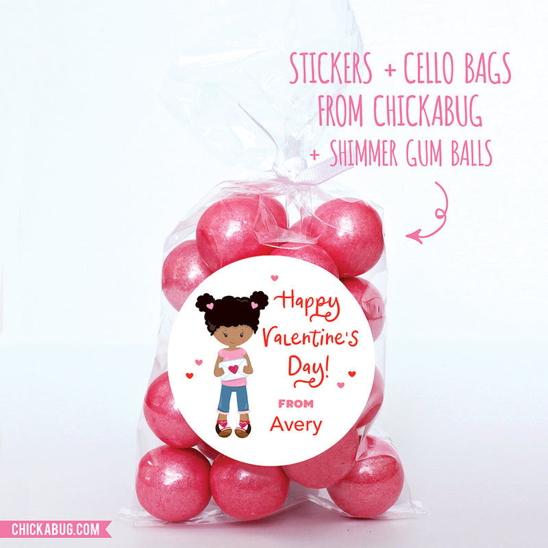 Cute Girl Valentine's Day Stickers - African-American Girl with Buns