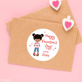 Cute Girl Valentine's Day Stickers - African-American Girl with Buns