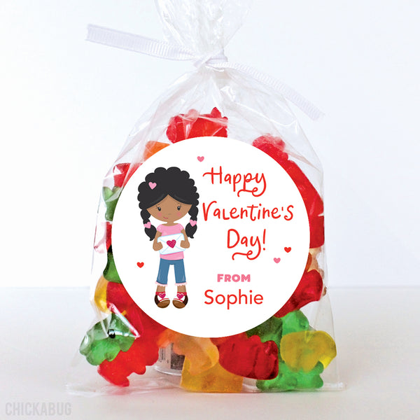 Cute Girl Valentine's Day Stickers - African-American Girl with Braids