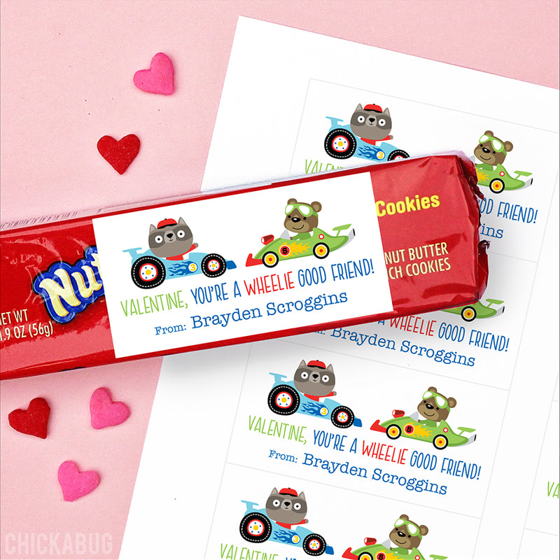 "You're a Wheelie Good Friend" Animal Racers Valentine's Day Gift Labels - Blue