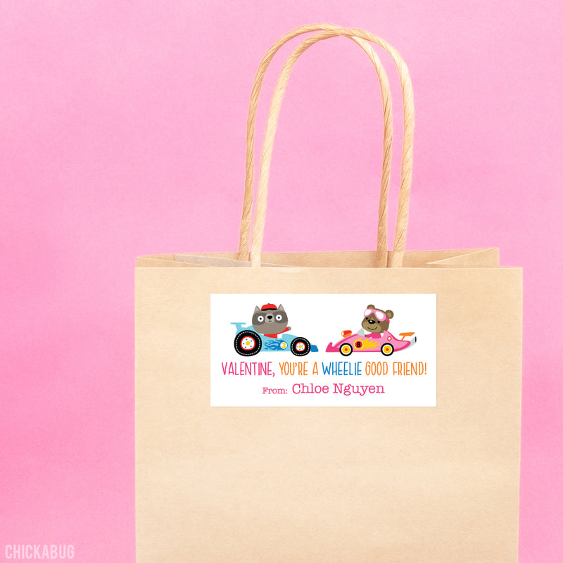"You're a Wheelie Good Friend" Animal Racers Valentine's Day Gift Labels - Pink