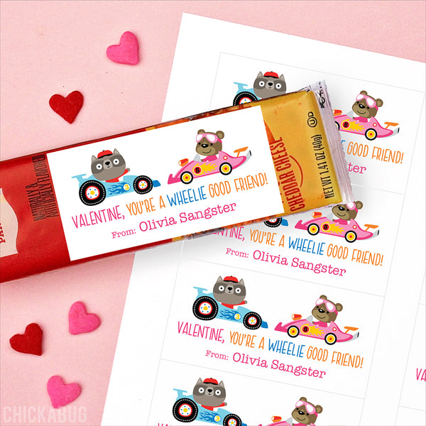 "You're a Wheelie Good Friend" Animal Racers Valentine's Day Gift Labels - Pink