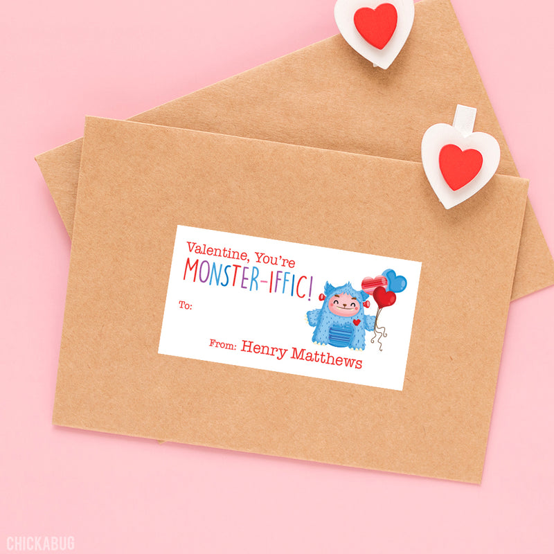 Blue Monster "You're Monster-iffic!"  Valentine's Day Gift Labels