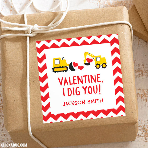 Construction "I Dig You" Valentine's Day Gift Labels