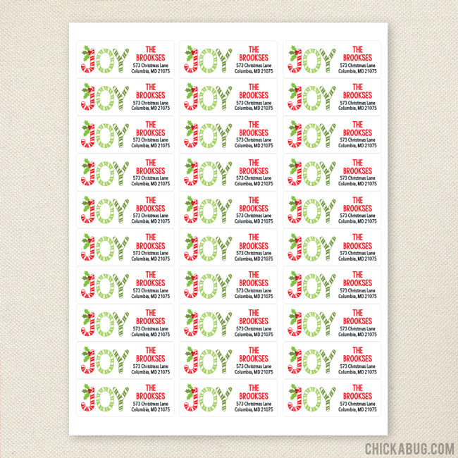 Candy Cane "Joy" Christmas Address Labels