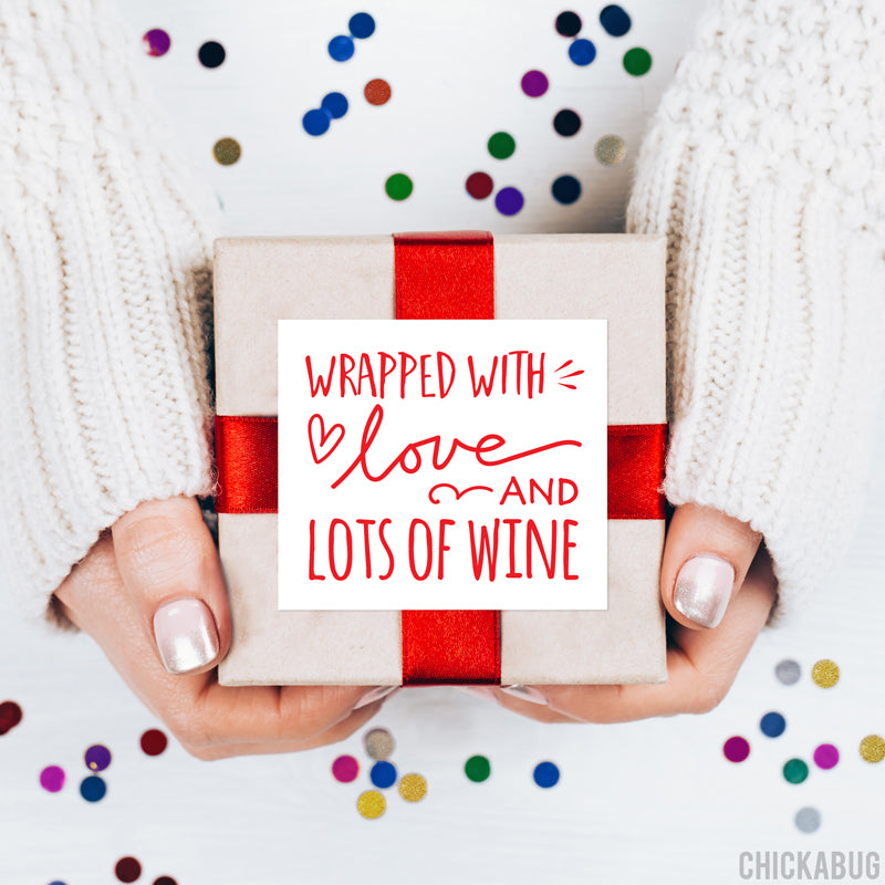 "Wrapped With Love and Lots of Wine" Christmas Gift Sticker