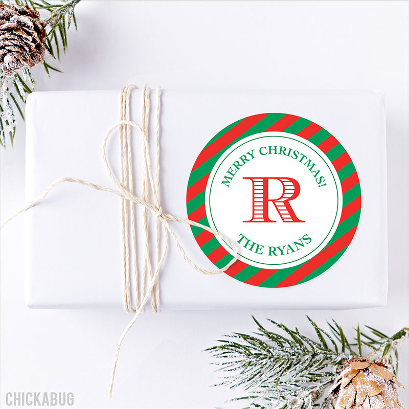 Red and Green Stripe Monogrammed Christmas Labels