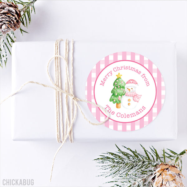 Pink Snowman Christmas Gift Stickers
