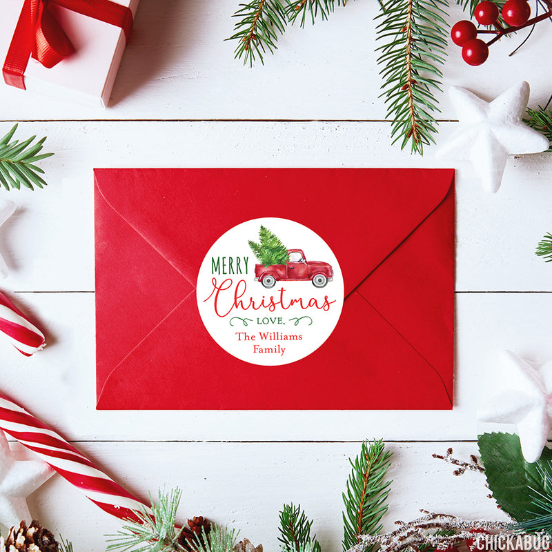 Red Truck with Tree Christmas Gift Labels