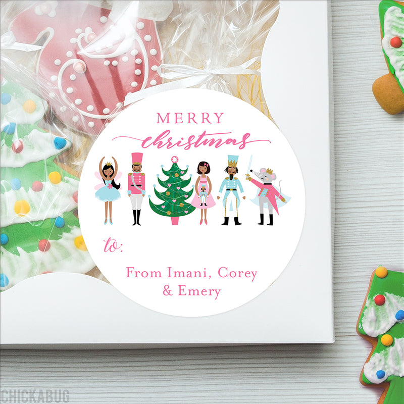 Pink Nutcracker Christmas Labels - African-American Characters