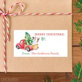 Watercolor Red Truck with Snowman Christmas Gift Labels