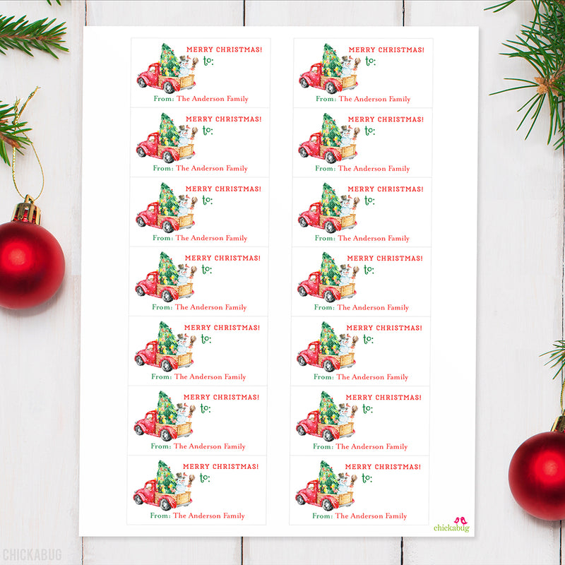 Watercolor Red Truck with Snowman Christmas Gift Labels