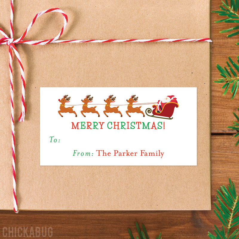 Santa's Sleigh and Reindeer Merry Christmas Gift Labels
