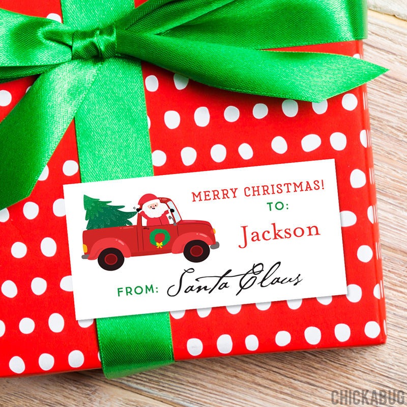 To Child From Santa Christmas Gift Labels - Santa in a Red Truck