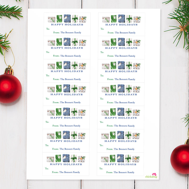 Blue and Green Presents Happy Holidays Gift Labels