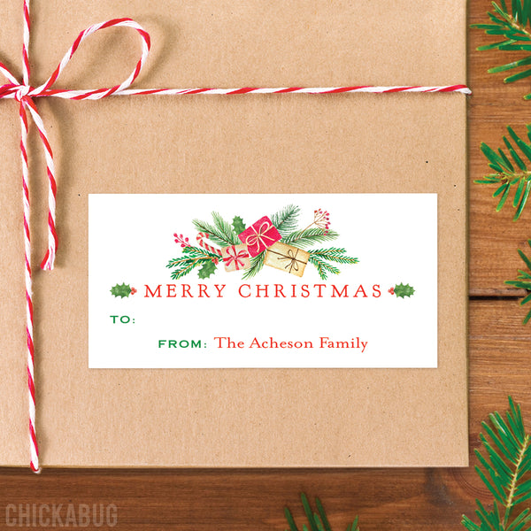 Watercolor Gifts and Greenery Christmas Gift Labels