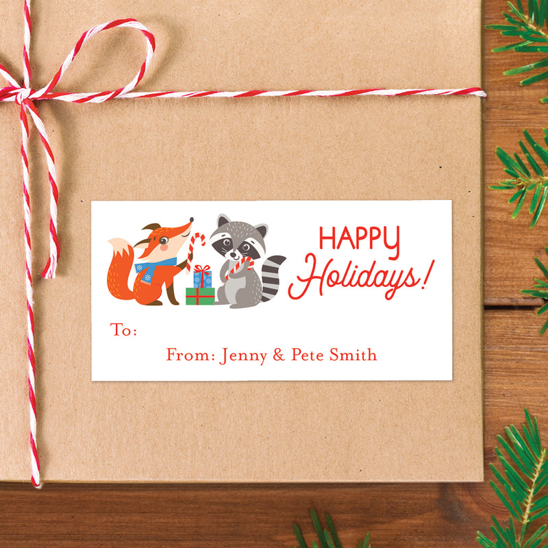 Fox and Raccoon Happy Holidays Gift Labels