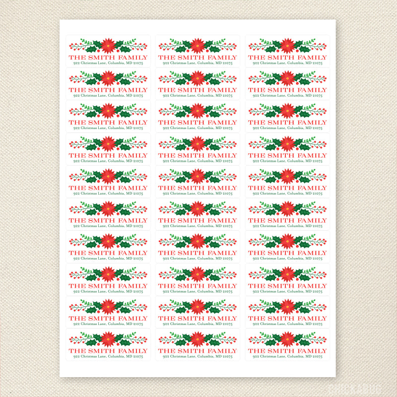 Poinsettia and Holly Christmas Address Labels